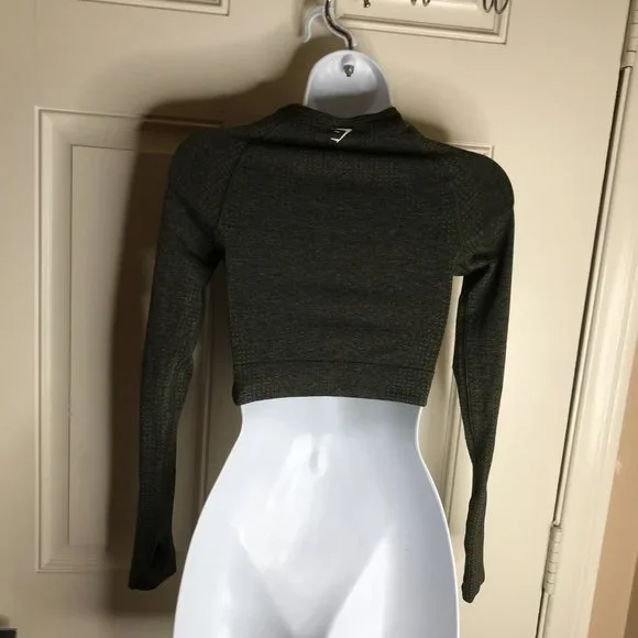 Gymshark Women's Cropped Long Sleeve Thumbhole Athletic Top Green ~ Size XS - Picture 5 of 7